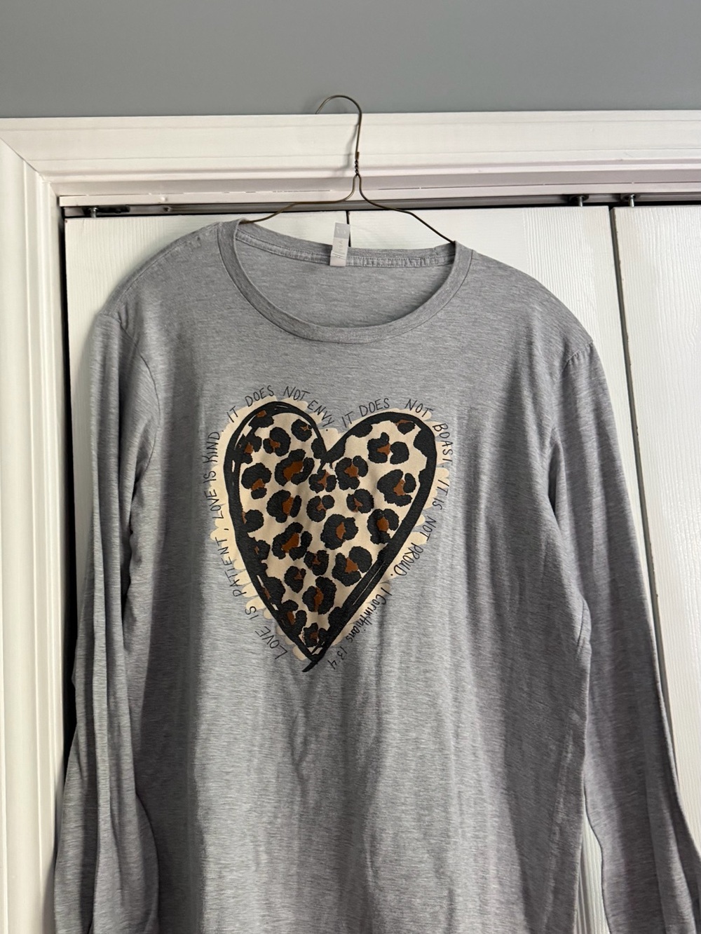 Gray Long Sleeve Tee w/Leopard Heart Graphic 1 Corinthians 13:4 Love is patient.